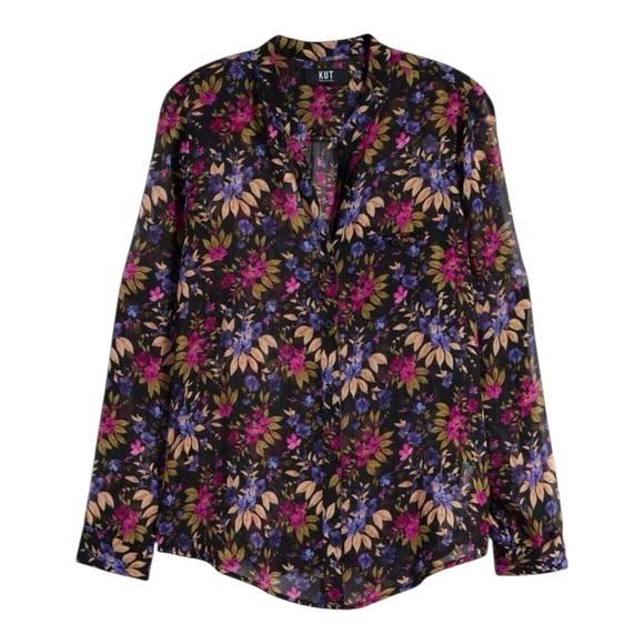 KUT Small Black Floral Blouse Jasmine Chiffon Festival Sheer Button-Up Blouse - Picture 3 of 8